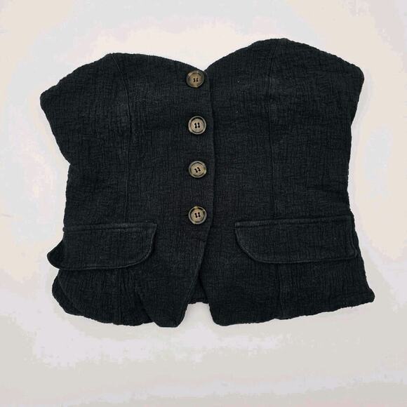 Anthropologie Top Womens XXS Black Strapless Button Gauze Pocket Textured - Picture 1 of 11
